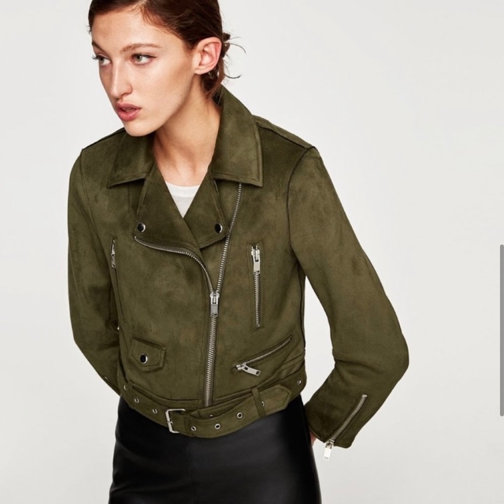 Cropped Suede Jacket in Olive Green